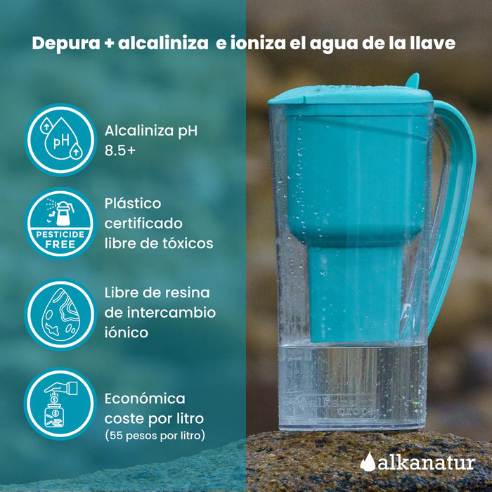 Jarra Alkanatur con depósitos independientes sirviendo agua filtrada